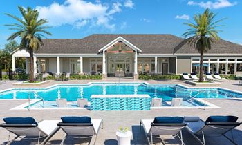 Resort style pool with tanning ledge, sundeck & cabanas